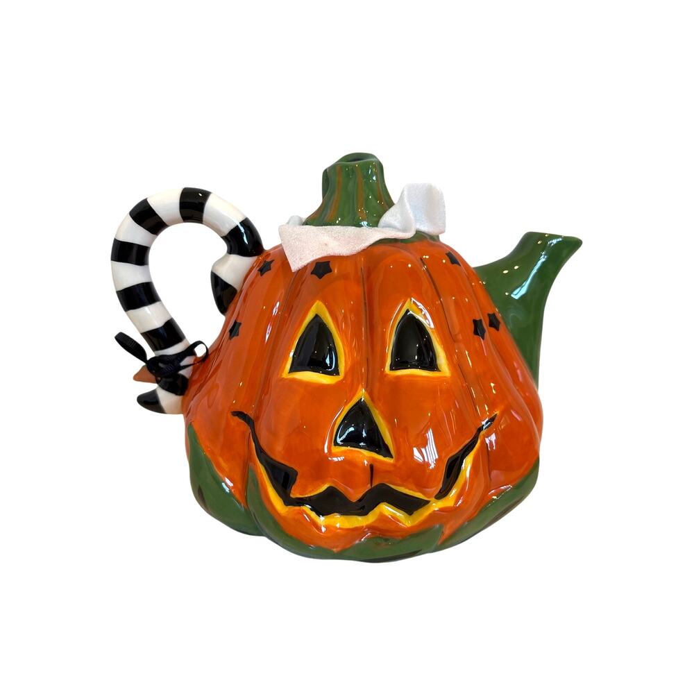 Blue Sky Halloween Orange Black Green Pumpkin Jack O Lantern Teapot Mackenzie